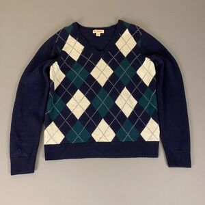 Brooks Brothers‎ Argyle Sweater Men's Large V-Neck Merino Wool Blue Green *Flaw